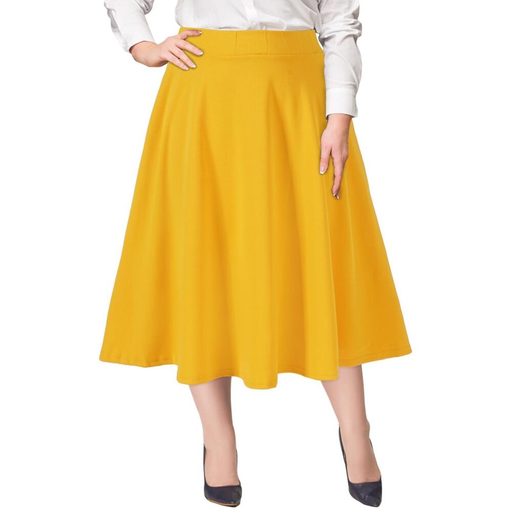 3116 Plus Size Midi Skirt High Elastic Waist A-Line Flared Skater Skirts